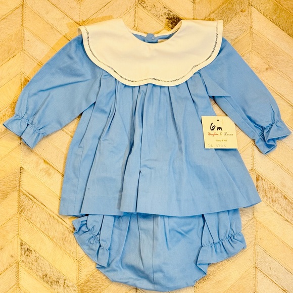 NWT Sophie and Lucas Cozy Club Scallop Float Blue White Collar Bloomer Set 6M - Picture 2 of 4